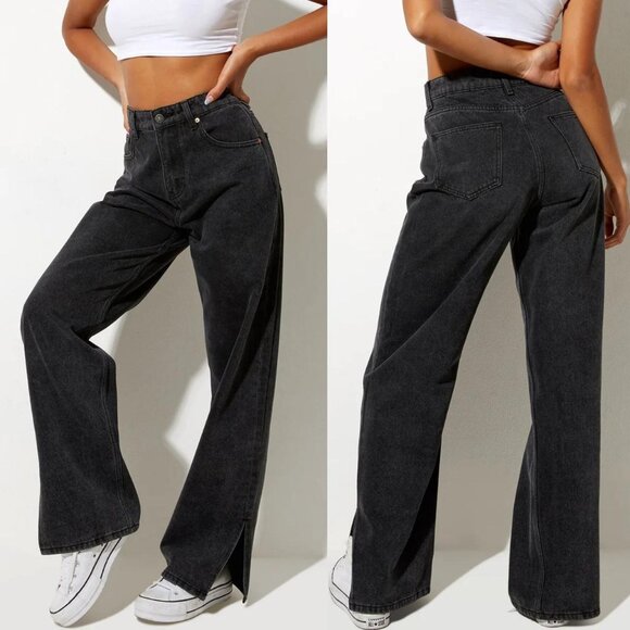 split hem, straight line jeans black wash jeans - Picture 1 of 7
